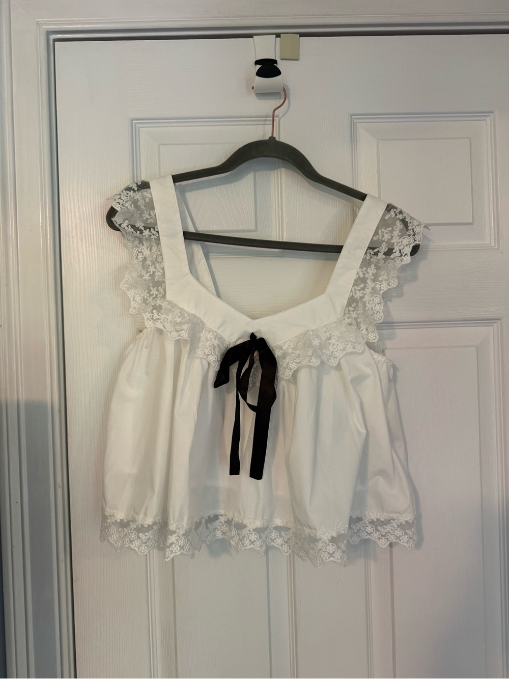 White Lace Trim Square-Neck Top with Black Ribbon